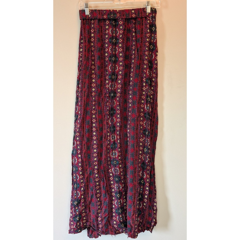 Geometric Dessert vibe Double Slit Maxi Skirt Red yellow Teal Rough hem XL as-is